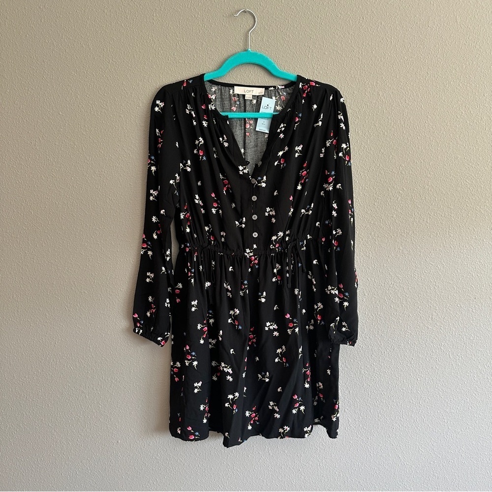 NWT Loft Black Floral Tie Waist Mini Dress